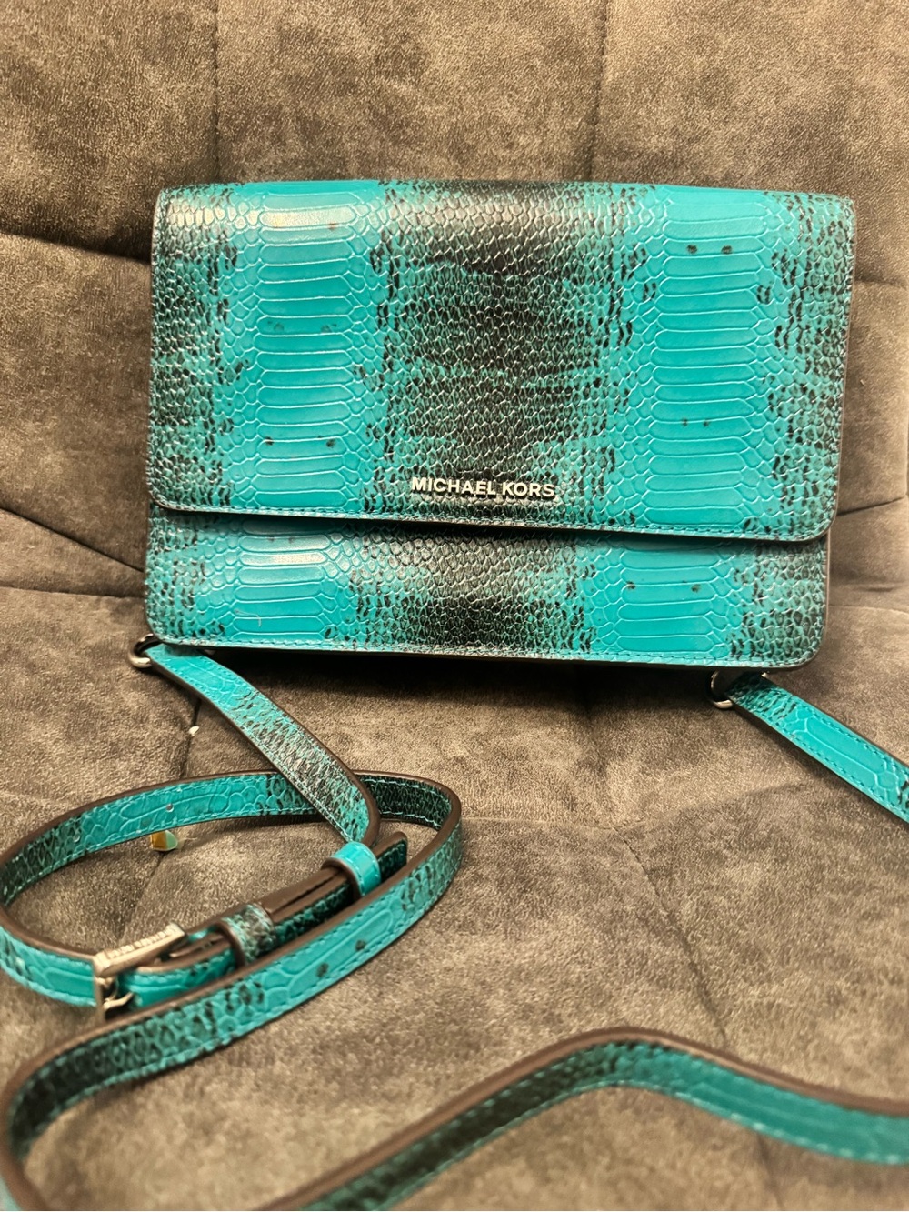 Michael Kors Turquoise Snakeskin-Embossed Crossbody Bag